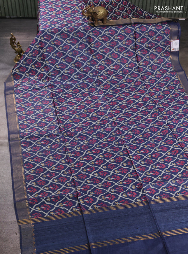 Munga tussar silk saree navy blue with allover ikat prints and zari woven border