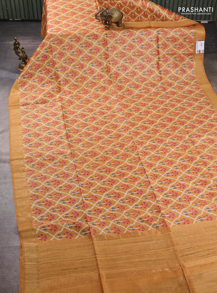 Munga tussar silk saree mustard yellow with allover ikat prints and zari woven border