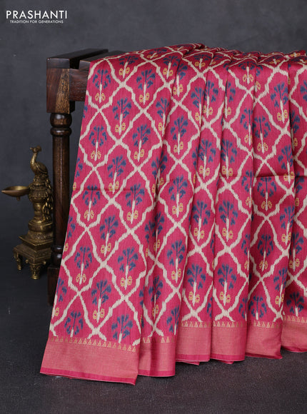 Munga tussar silk saree pink with allover ikat prints and zari woven border