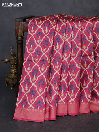 Munga tussar silk saree pink with allover ikat prints and zari woven border