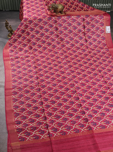 Munga tussar silk saree pink with allover ikat prints and zari woven border