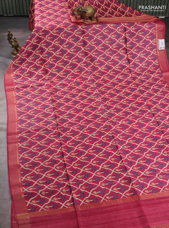 Munga tussar silk saree pink with allover ikat prints and zari woven border