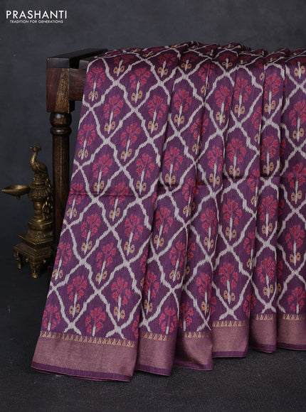 Munga tussar silk saree wine shade with allover ikat prints and zari woven border