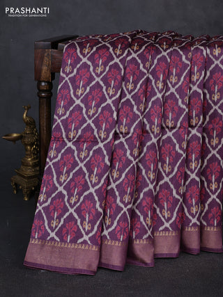 Munga tussar silk saree wine shade with allover ikat prints and zari woven border