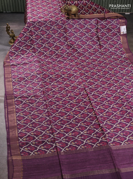 Munga tussar silk saree wine shade with allover ikat prints and zari woven border