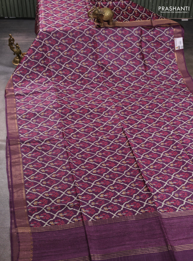 Munga tussar silk saree wine shade with allover ikat prints and zari woven border