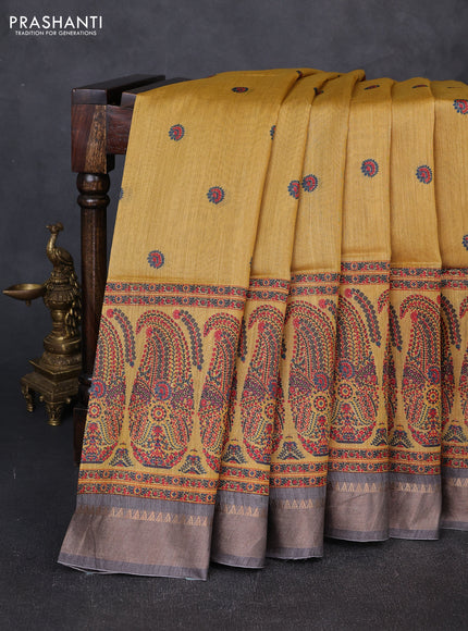 Munga tussar silk saree grey and mustard yellow with allover butta prints and zari woven border