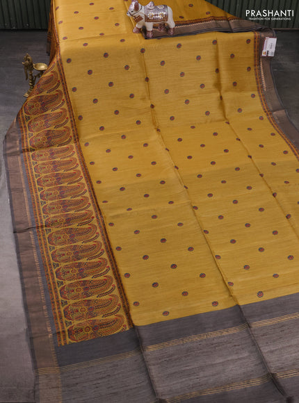 Munga tussar silk saree grey and mustard yellow with allover butta prints and zari woven border