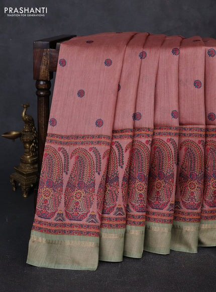 Munga tussar silk saree pastel green and dark peach with allover butta prints and zari woven border