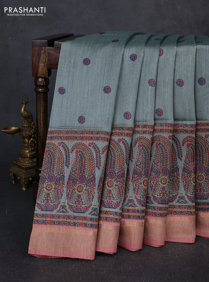 Munga tussar silk saree dark peach and pastel green with allover butta prints and zari woven border