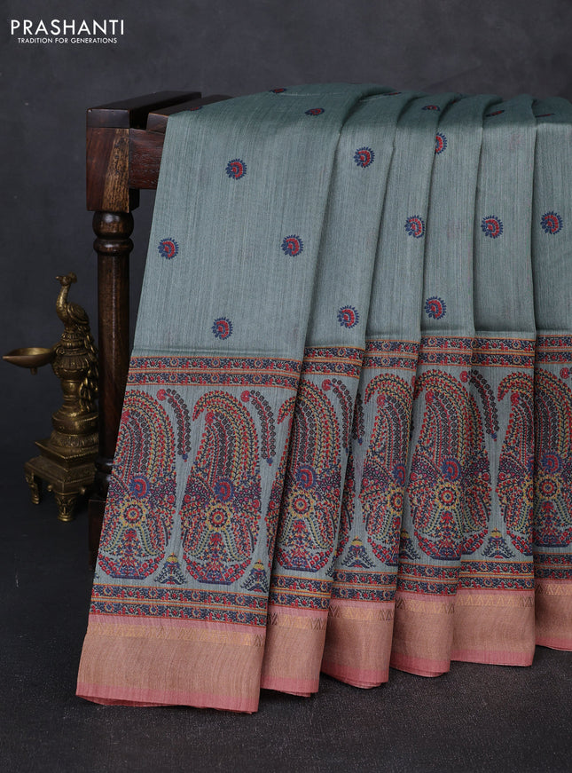 Munga tussar silk saree dark peach and pastel green with allover butta prints and zari woven border