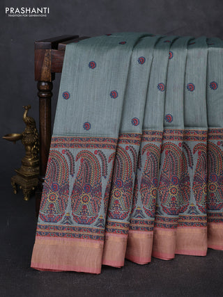 Munga tussar silk saree dark peach and pastel green with allover butta prints and zari woven border