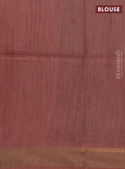 Munga tussar silk saree dark peach and pastel green with allover butta prints and zari woven border