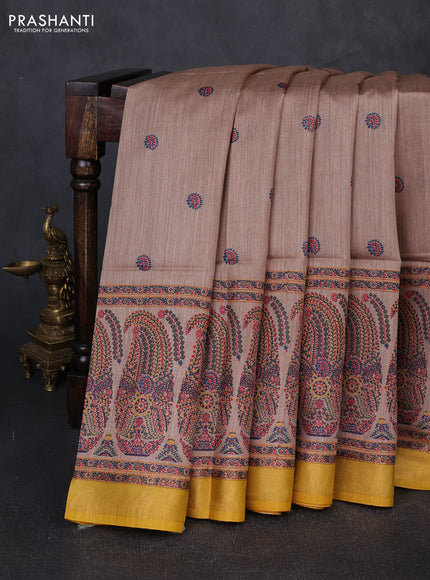 Munga tussar silk saree mustard yellow and beige with allover butta prints and zari woven border