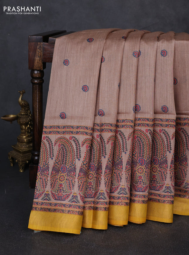 Munga tussar silk saree mustard yellow and beige with allover butta prints and zari woven border