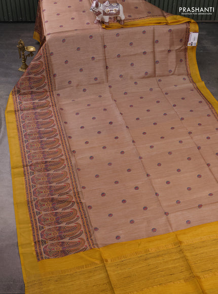 Munga tussar silk saree mustard yellow and beige with allover butta prints and zari woven border