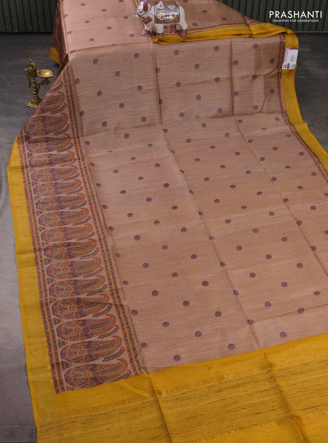 Munga tussar silk saree mustard yellow and beige with allover butta prints and zari woven border