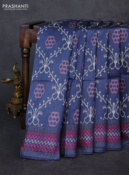 Munga tussar silk saree blue with allover ikat prints and kantha work border