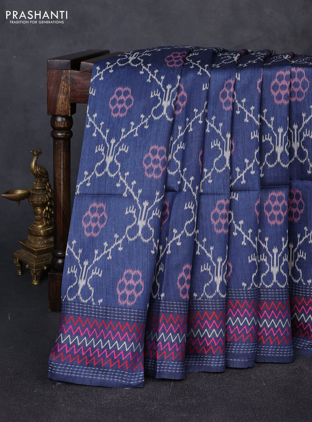 Munga tussar silk saree blue with allover ikat prints and kantha work border