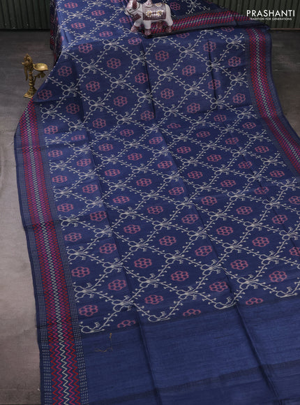 Munga tussar silk saree blue with allover ikat prints and kantha work border