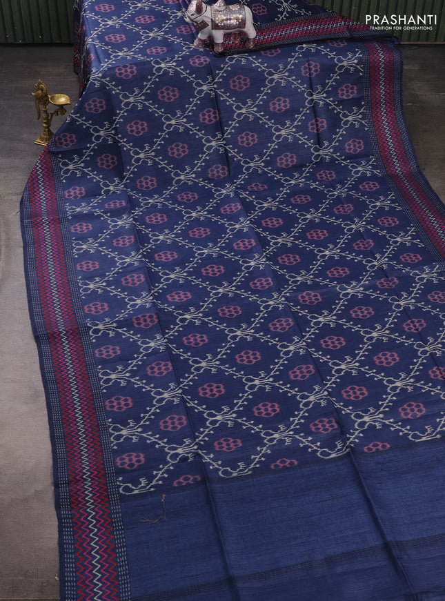 Munga tussar silk saree blue with allover ikat prints and kantha work border