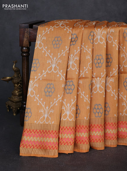 Munga tussar silk saree mustard yellow with allover ikat prints and kantha work border