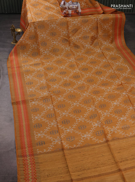 Munga tussar silk saree mustard yellow with allover ikat prints and kantha work border