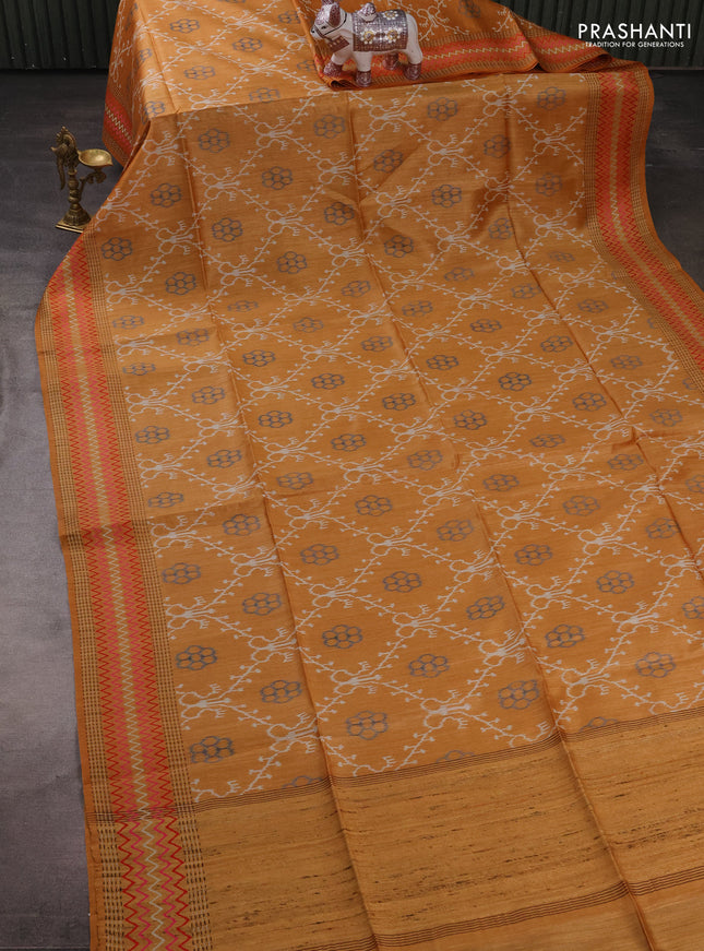 Munga tussar silk saree mustard yellow with allover ikat prints and kantha work border