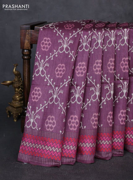 Munga tussar silk saree purple with allover ikat prints and kantha work border