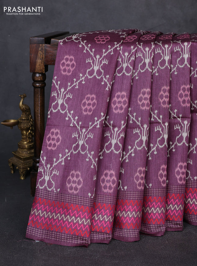 Munga tussar silk saree purple with allover ikat prints and kantha work border