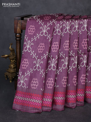 Munga tussar silk saree purple with allover ikat prints and kantha work border