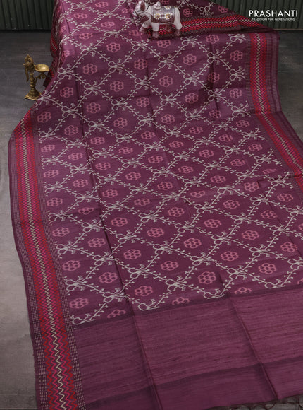 Munga tussar silk saree purple with allover ikat prints and kantha work border