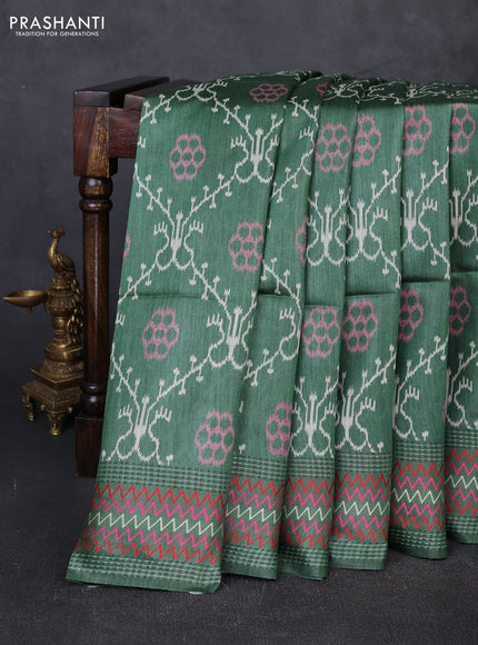 Munga tussar silk saree green with allover ikat prints and kantha work border