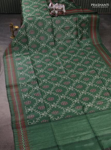 Munga tussar silk saree green with allover ikat prints and kantha work border