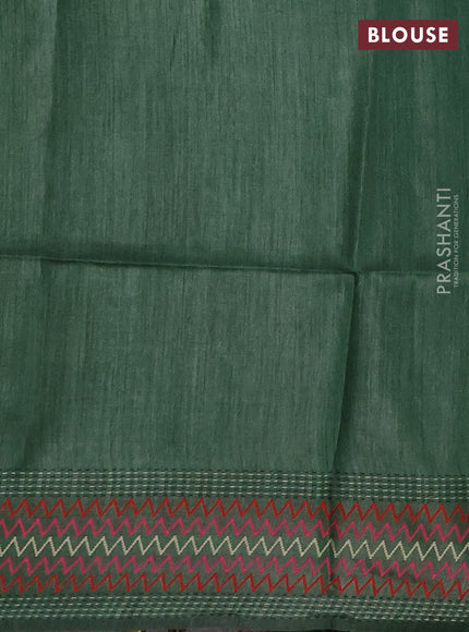 Munga tussar silk saree green with allover ikat prints and kantha work border