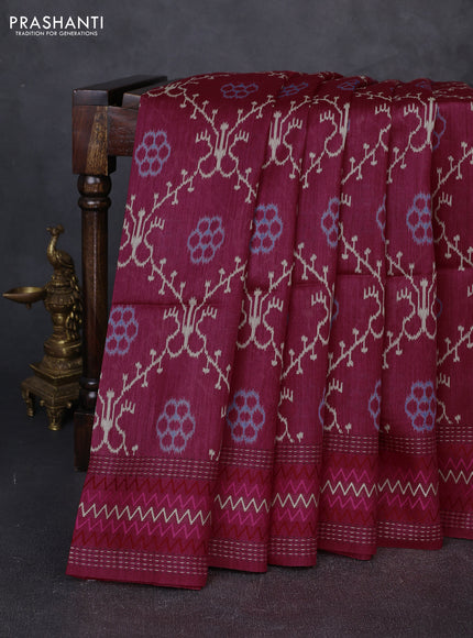 Munga tussar silk saree pink with allover ikat prints and kantha work border