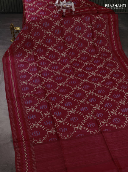 Munga tussar silk saree pink with allover ikat prints and kantha work border