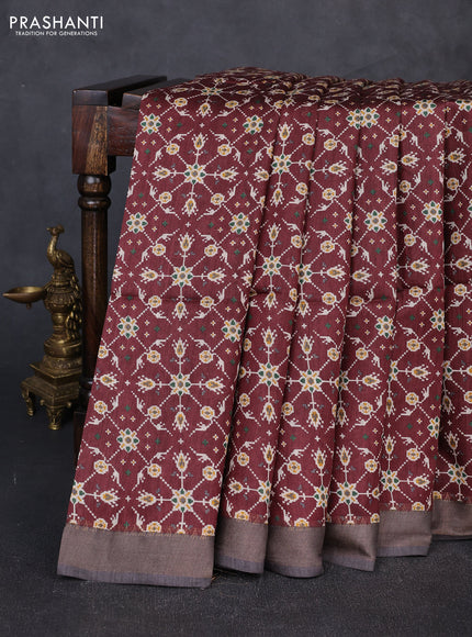 Munga tussar silk saree grey and coffee brown with allover ikat prints and zari woven border