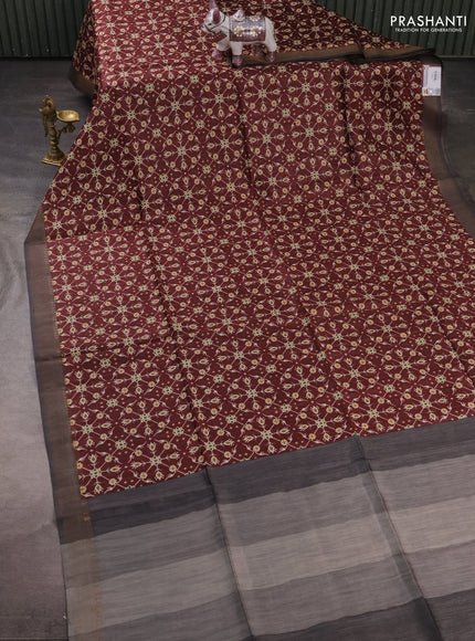 Munga tussar silk saree grey and coffee brown with allover ikat prints and zari woven border