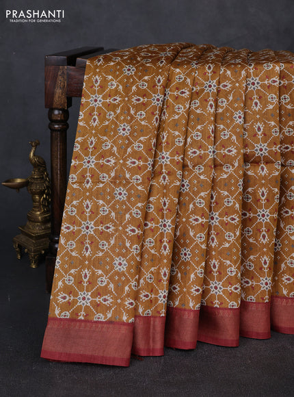 Munga tussar silk saree maroon and dark mustard with allover ikat prints and zari woven border