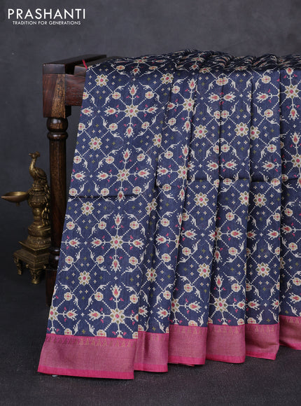 Munga tussar silk saree wine shade and navy blue with allover ikat prints and zari woven border