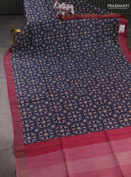Munga tussar silk saree wine shade and navy blue with allover ikat prints and zari woven border