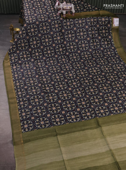 Munga tussar silk saree olive green and black with allover ikat prints and zari woven border