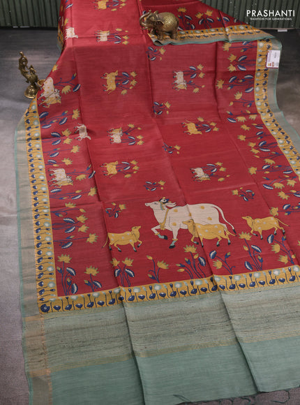 Munga tussar silk saree maroon and pastel green with allover pichwai prints and zari woven border