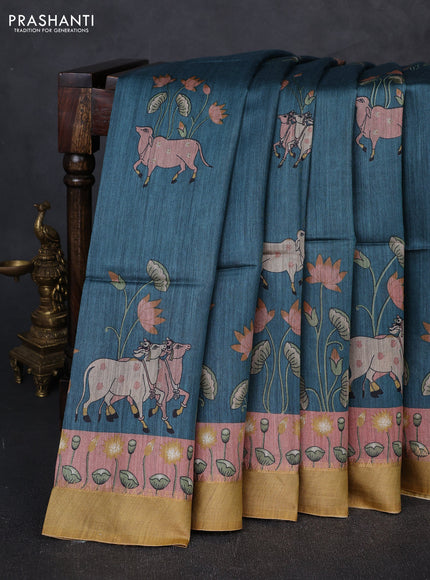 Munga tussar silk saree peacock green and mustard green with allover pichwai prints and zari woven border