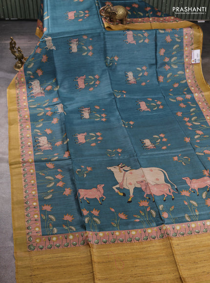Munga tussar silk saree peacock green and mustard green with allover pichwai prints and zari woven border