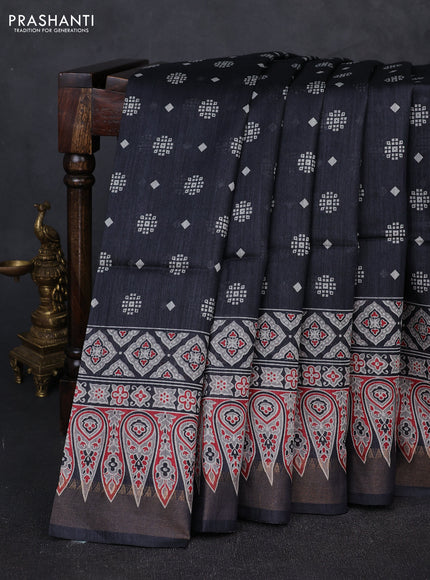 Munga tussar silk saree dark grey with allover gematric prints and ajrakh printed pallu