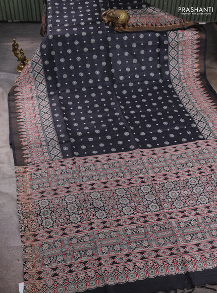 Munga tussar silk saree dark grey with allover gematric prints and ajrakh printed pallu