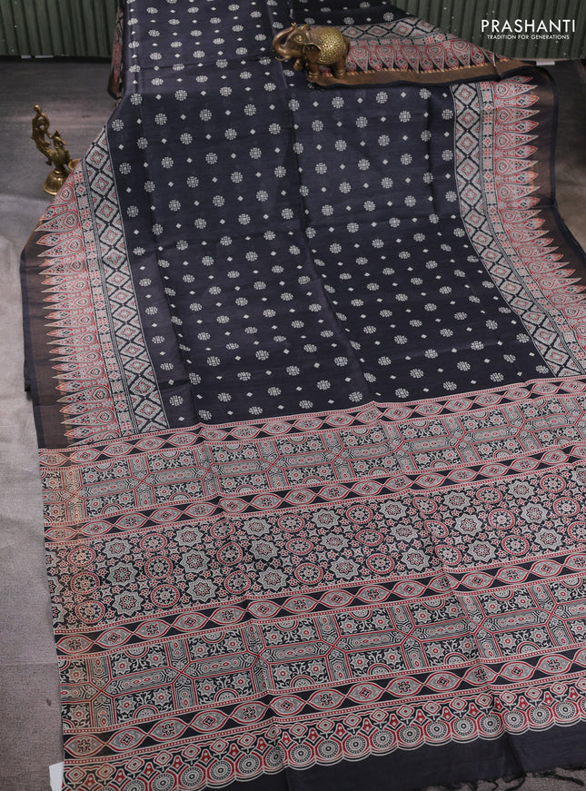 Munga tussar silk saree dark grey with allover gematric prints and ajrakh printed pallu