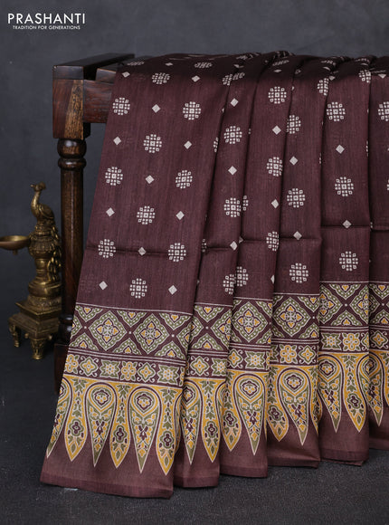 Munga tussar silk saree coffee brown with allover gematric prints and ajrakh printed pallu